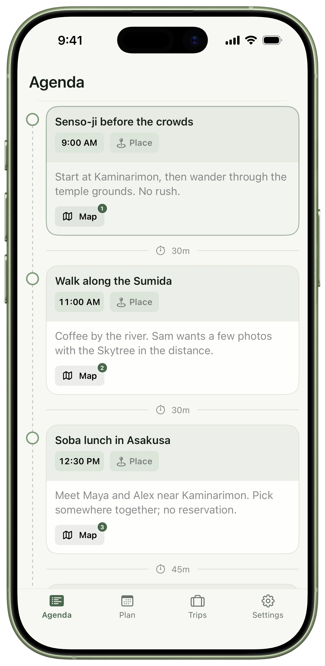 Tripstead’s actual Tokyo agenda, with Senso-ji and a Sumida River walk on the same day.