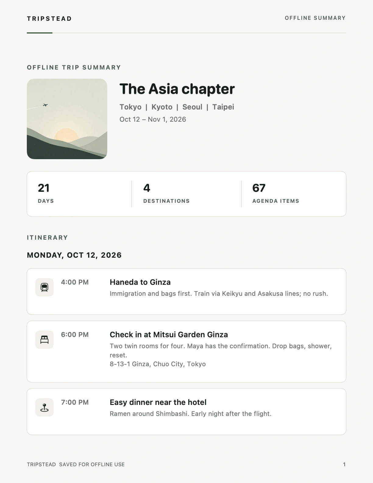 The actual Tripstead Offline Summary PDF for The Asia chapter: 21 days, 4 destinations, 67 agenda items, and the first day in Tokyo.